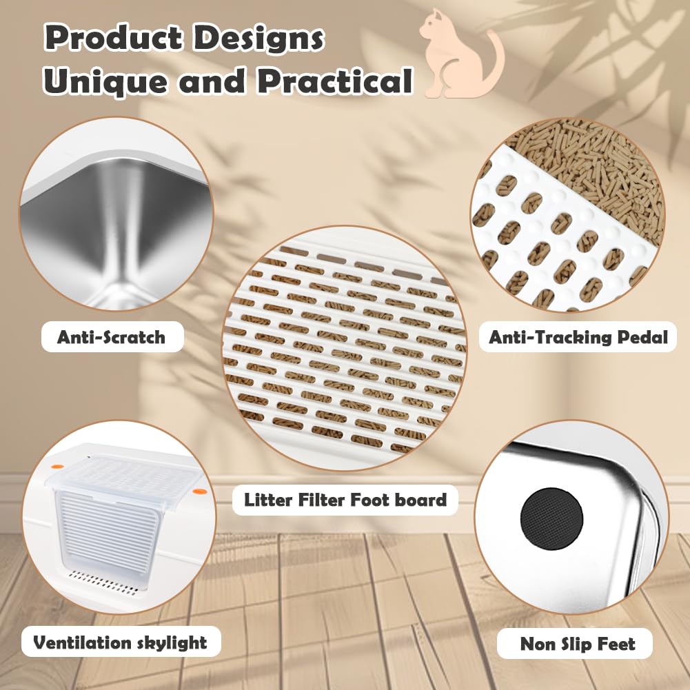 Vivifying slip-resistant pads stabilize the litter box on floors.