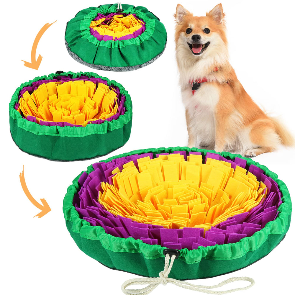Vivifying snuffle mat setup shows yellow purple design for engaging slow feeding