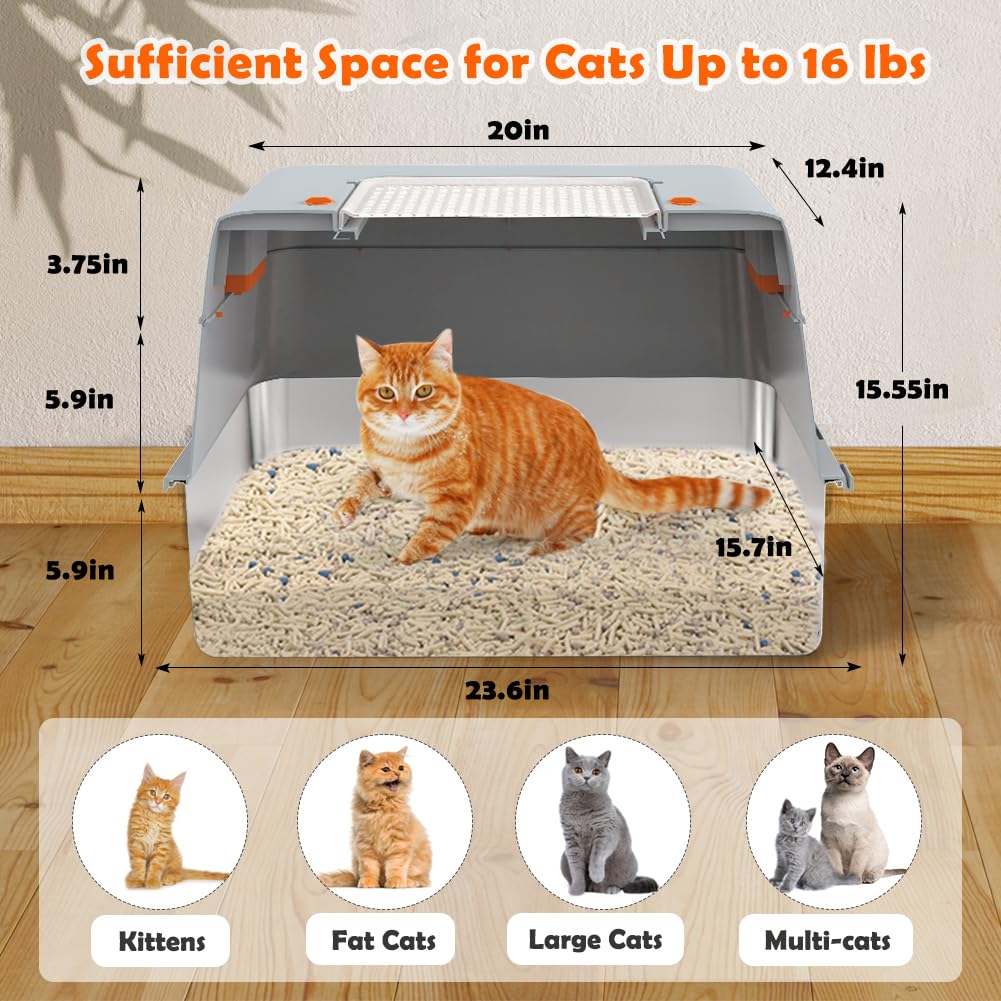 Vivifying stainless-steel litter box in closed mode gray for odor control and privacy.