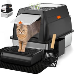 Vivifying stainless steel litter box front view highlights spacious entry for easy access and mess reduction