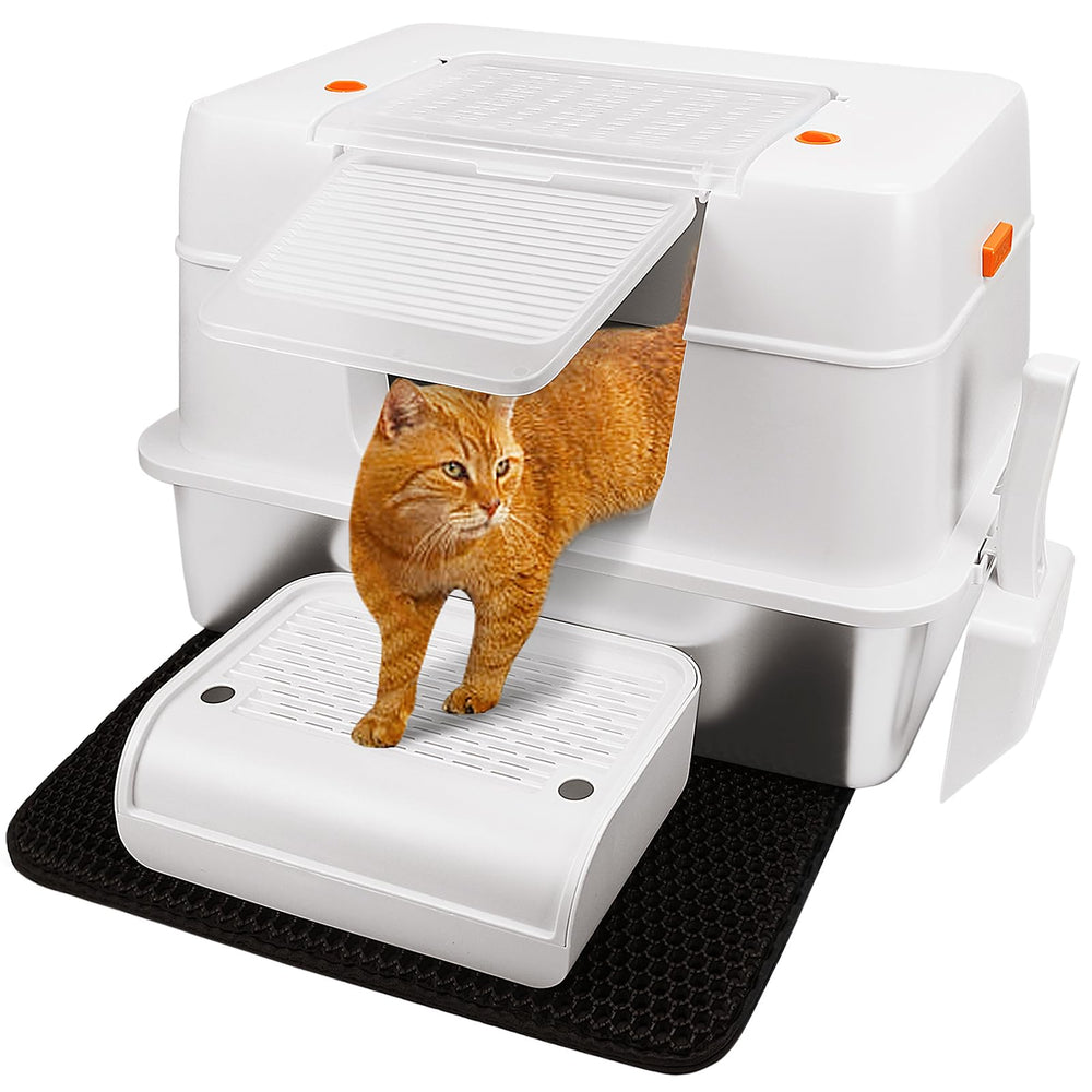 Vivifying stainless steel litter box with beige lid, closed top shield for privacy and odor containment.