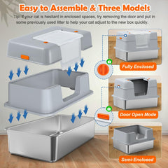 Viviving stainless-steel litter box semi-enclosed gray for airflow and easy cleaning.