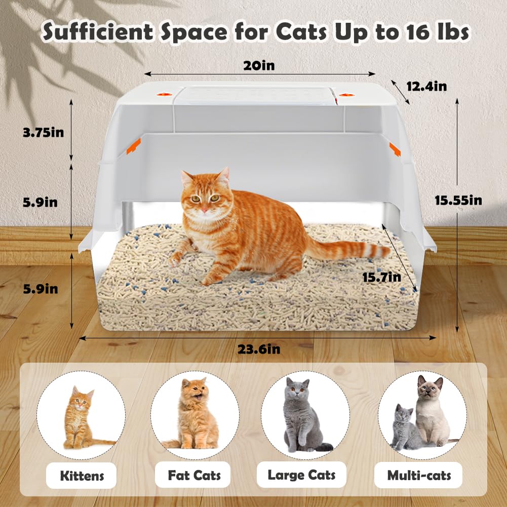 Vivifying stainless steel litter box side-entry; spacious opening supports easy access for large cats.