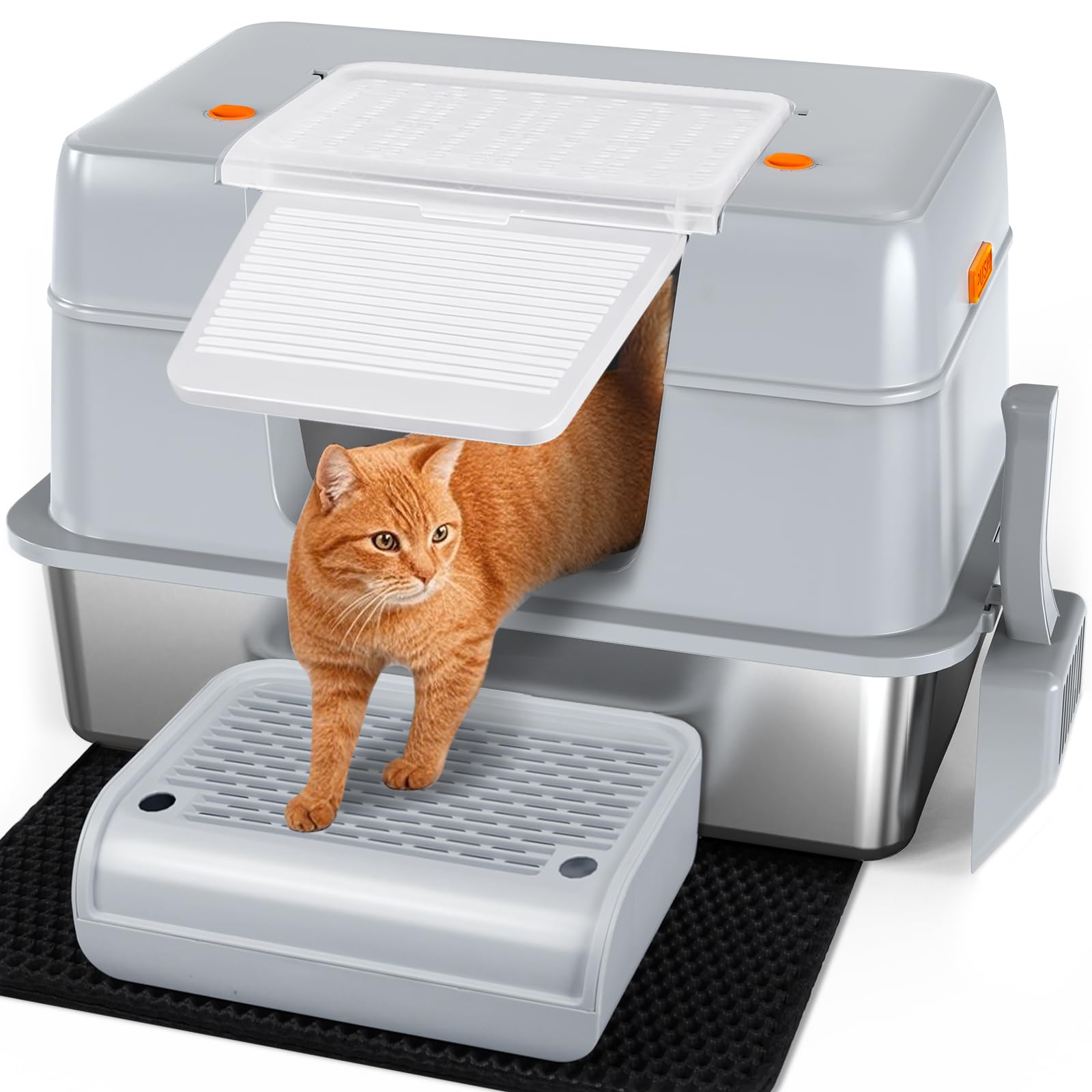 Vivifying stainless-steel litter box with side-entry in gray for roomy big-cat use and less scatter.