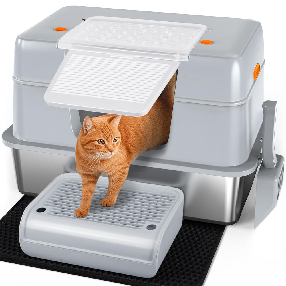 Vivifying stainless-steel litter box with side-entry in gray for roomy big-cat use and less scatter.
