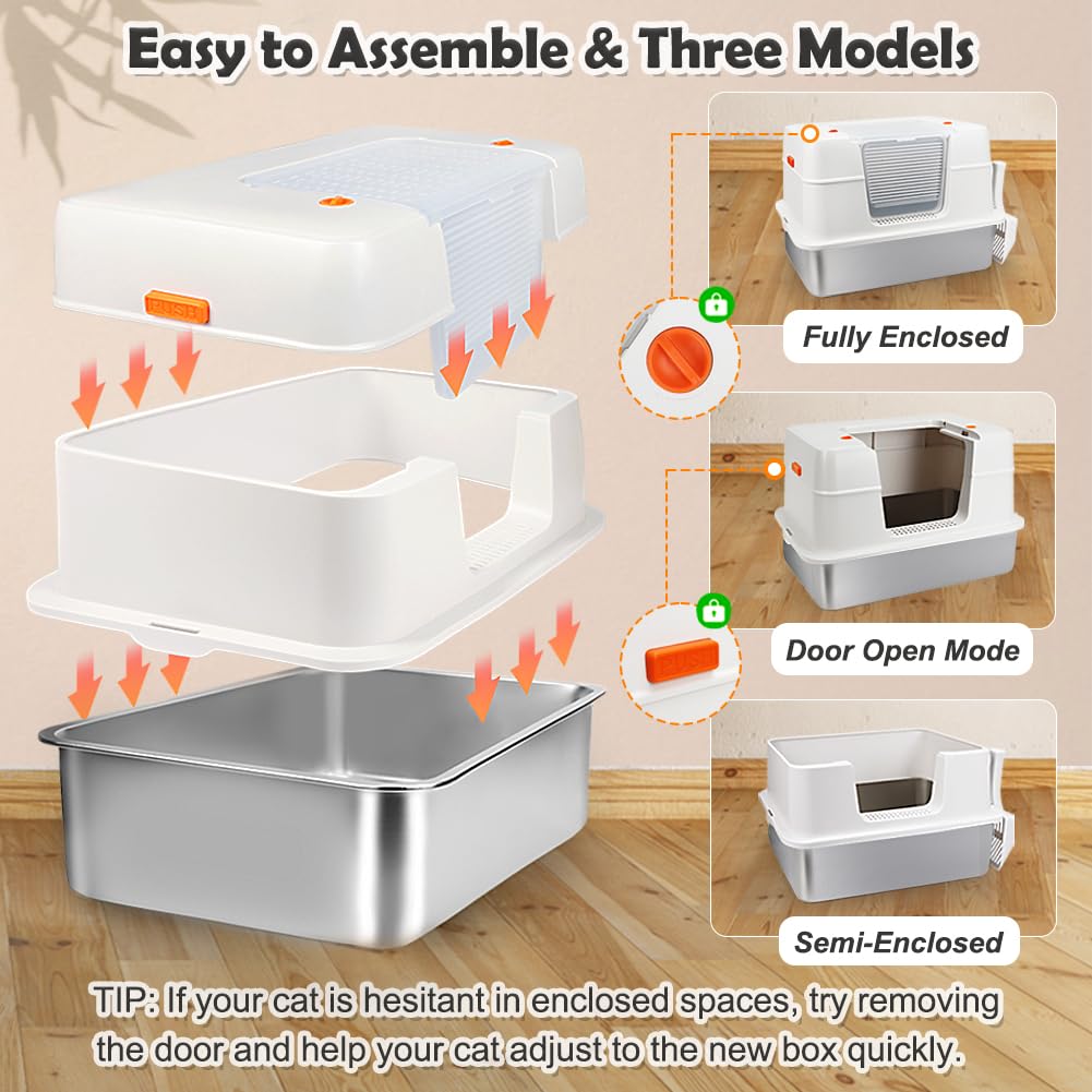 Vivifying side-entry litter box shows three modes for privacy, airflow, and easy cleaning.