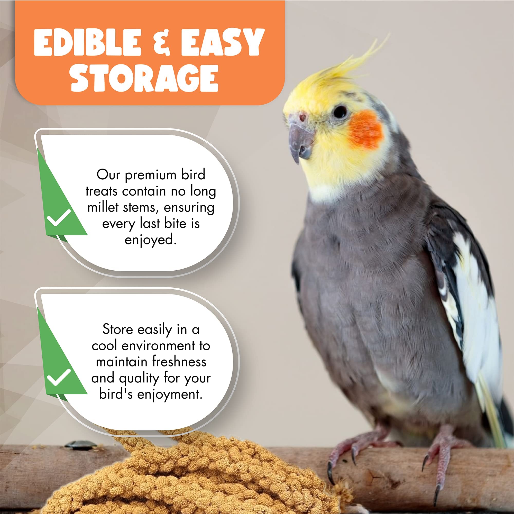 Vivlly bird snack spray millet closeup, texture-rich grains for everyday bird treats