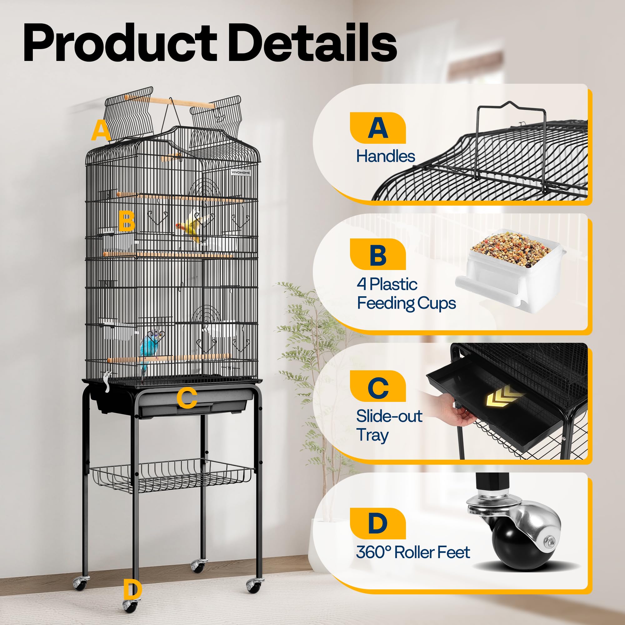VIVOHOME includes perches, cups, and swing for enrichment.