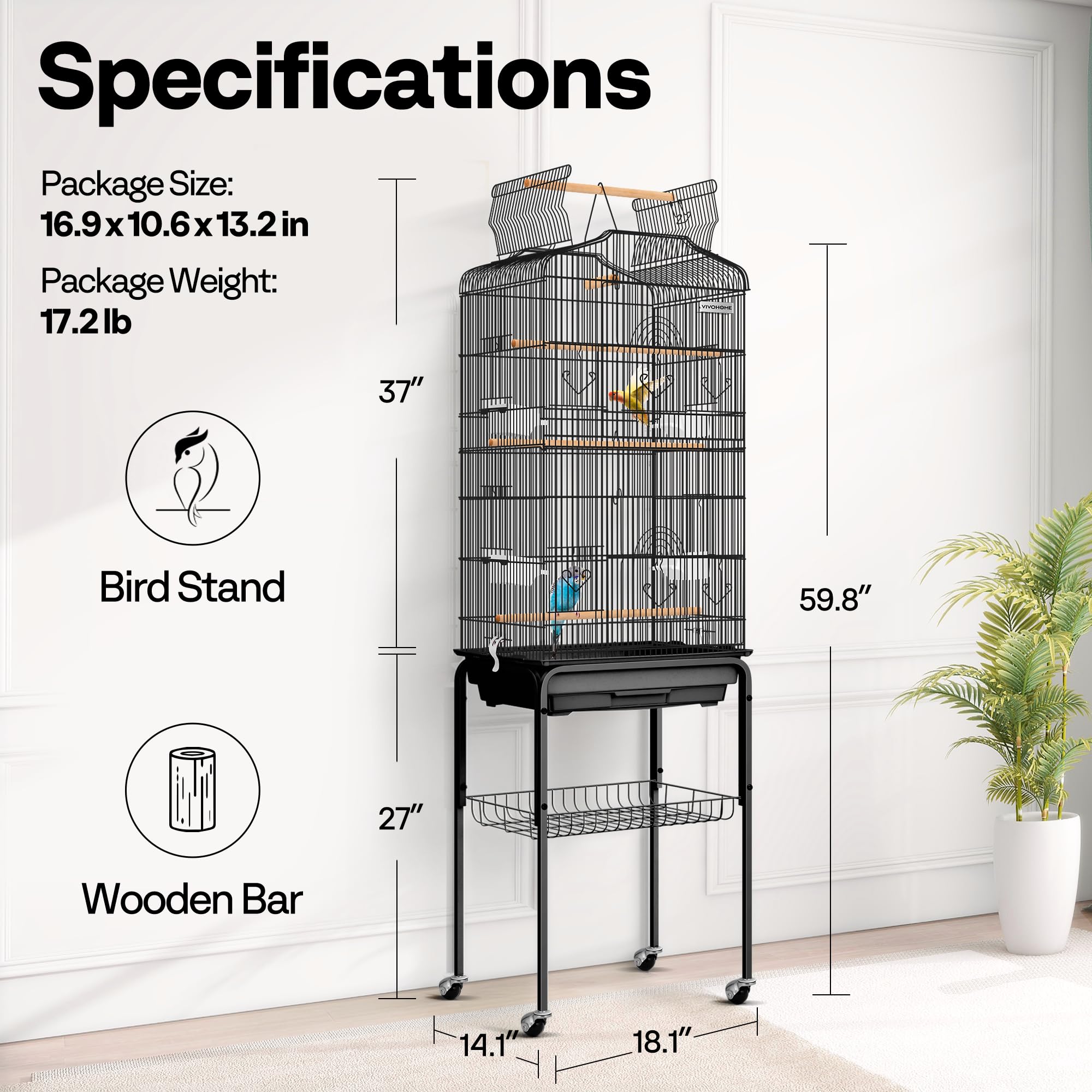 VIVOHOME black cage on rolling casters for easy relocation.