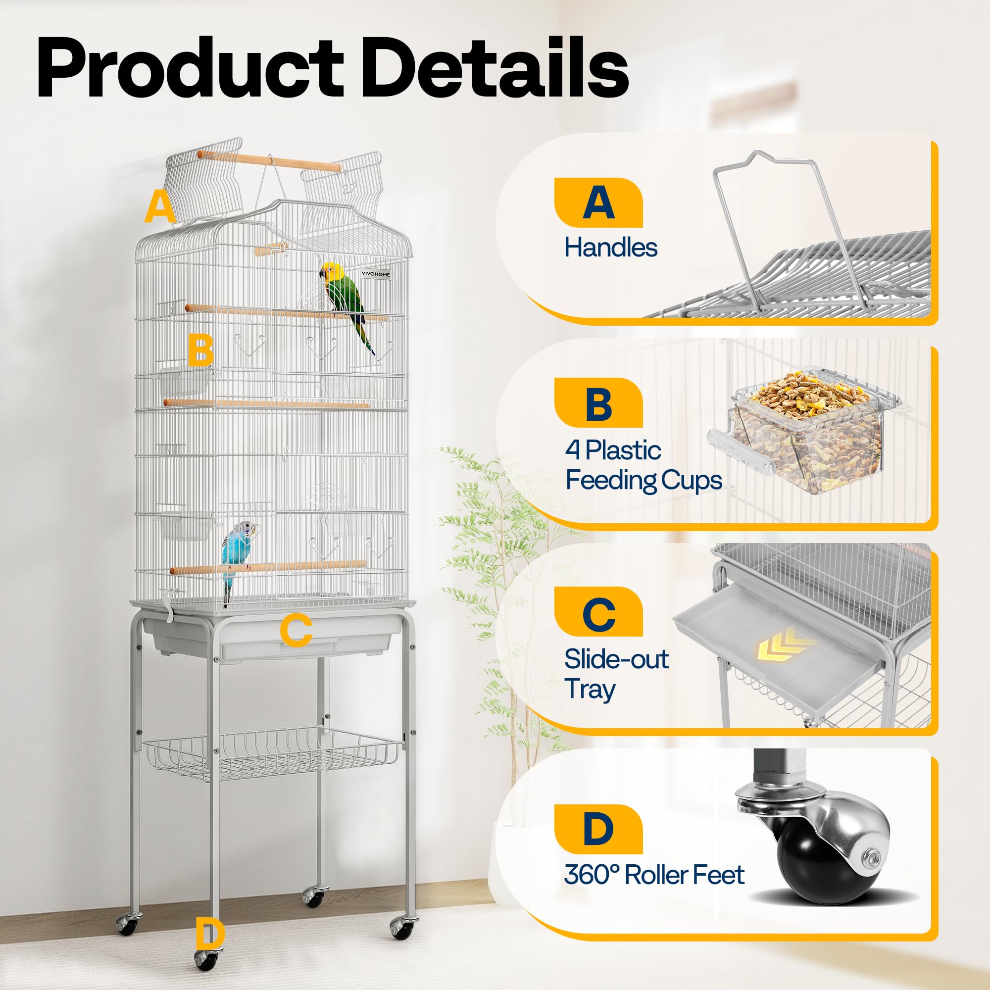 VIVOHOME bird cage side door access supports convenient feeding and pet interaction.