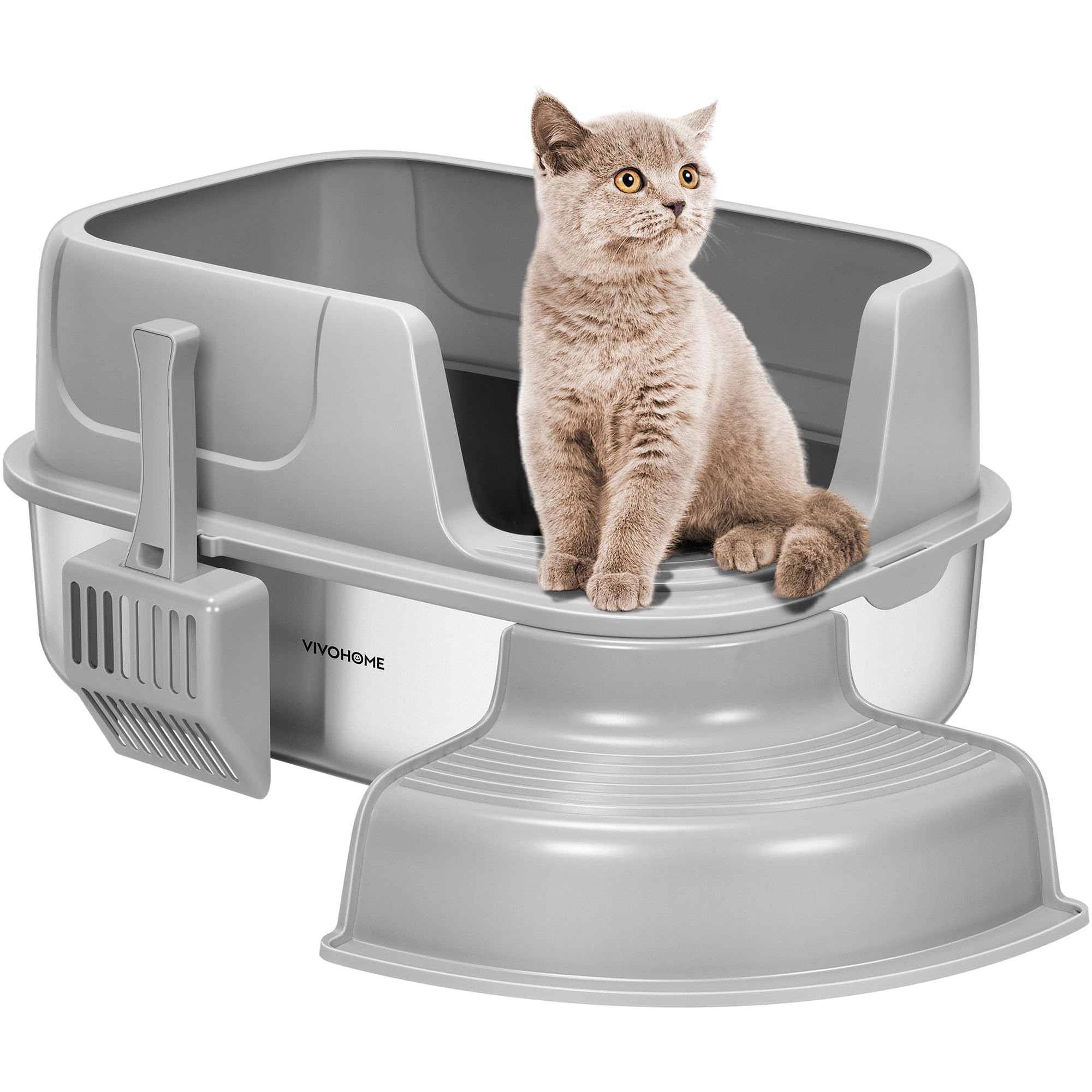 VIVOHOME XL stainless steel litter box with cover keeps large cats comfortable and litter contained.