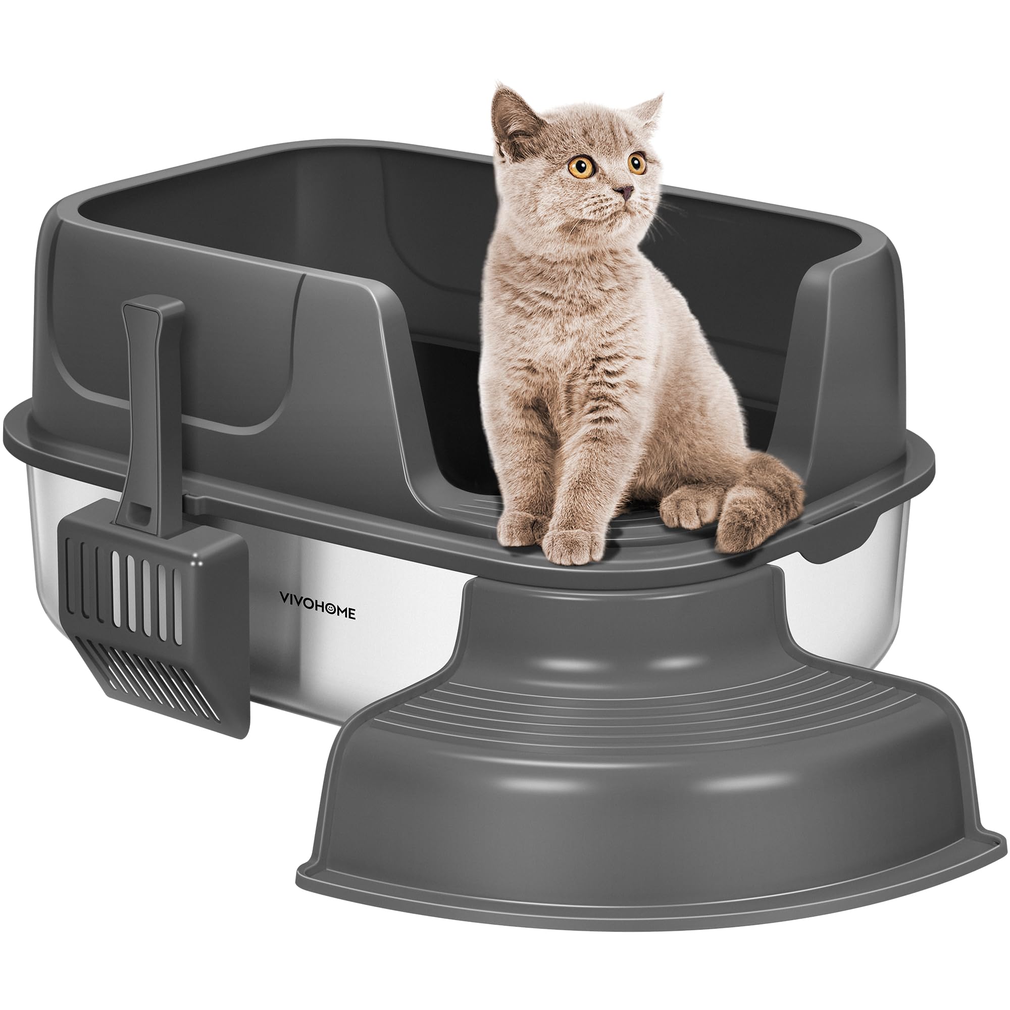 VIVOHOME XL stainless steel litter box with cover shows durable construction for long-lasting use.