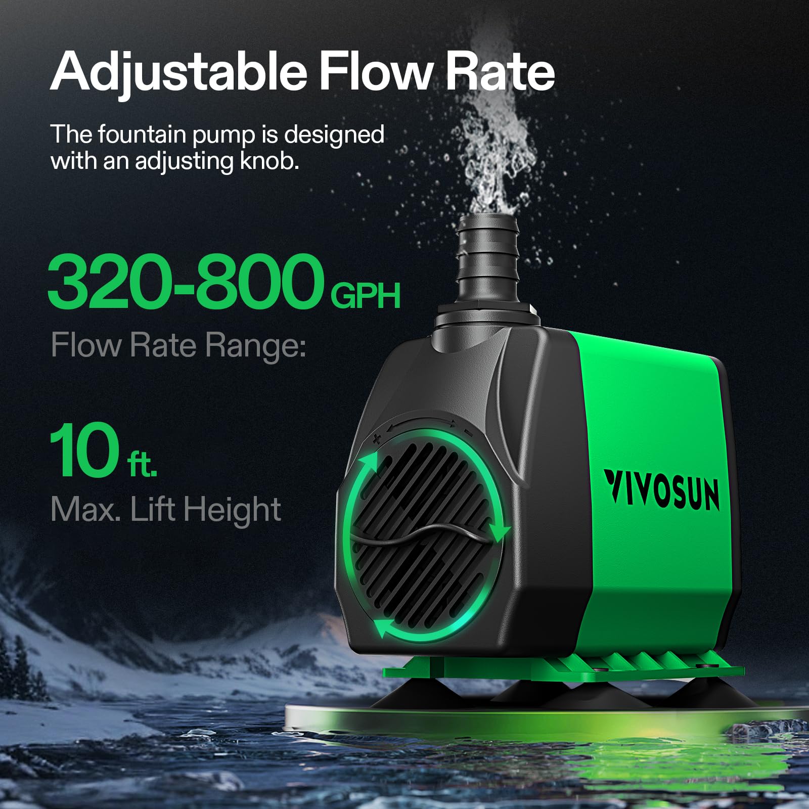 VIVOSUN 800GPH submersible pump side view for discreet pond aeration