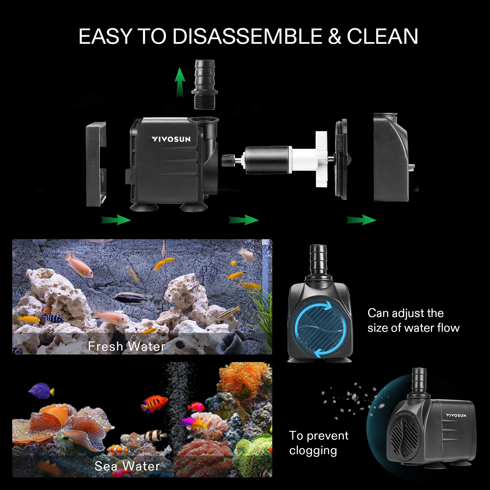 VIVOSUN four suction cups securely mounting the pump vertically or horizontally.
