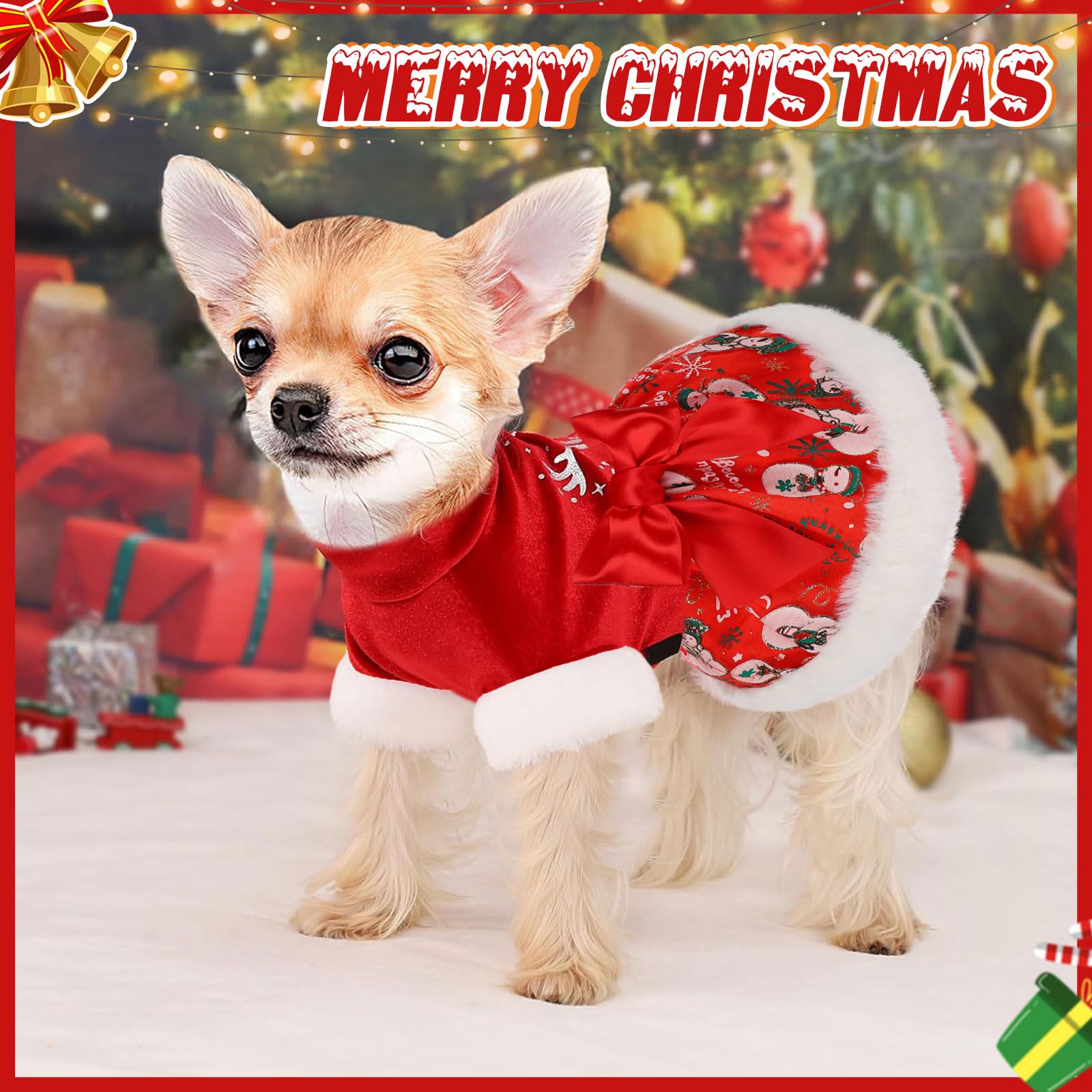 Vixpyzz L dog christmas dress back view demonstrates snug fit for festive photos