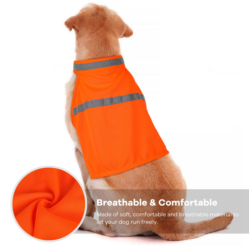 Vizbrite dog jacket medium orange back view shows adjustable fit for secure comfort.