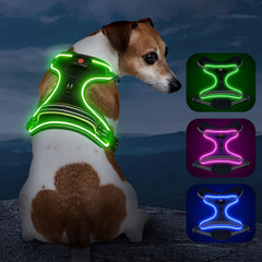 Vizbrite Light Up Dog Harness front clip enhances nighttime visibility for safer night walks.