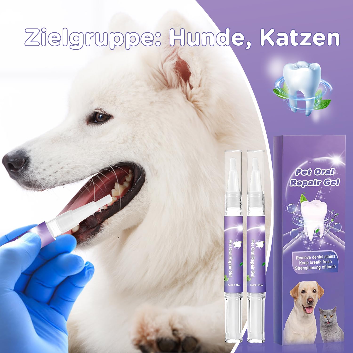 Vizela Pet Oral Repair Gel tube being applied to a pet's teeth