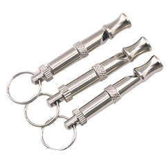 VizGiz dog whistle pack showing three chrome training whistles for recall and bark control