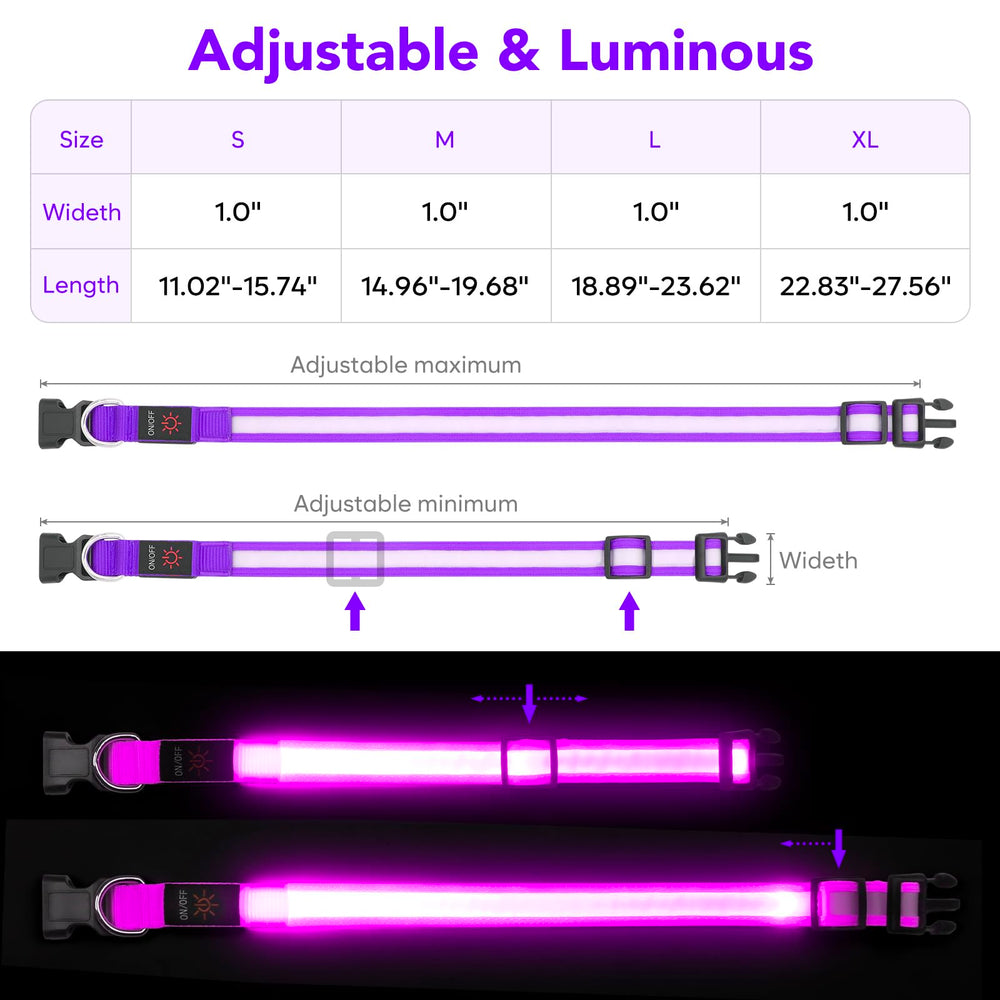 VIZPET LED dog collar 3-mode flash showing quick, slow, and steady options.