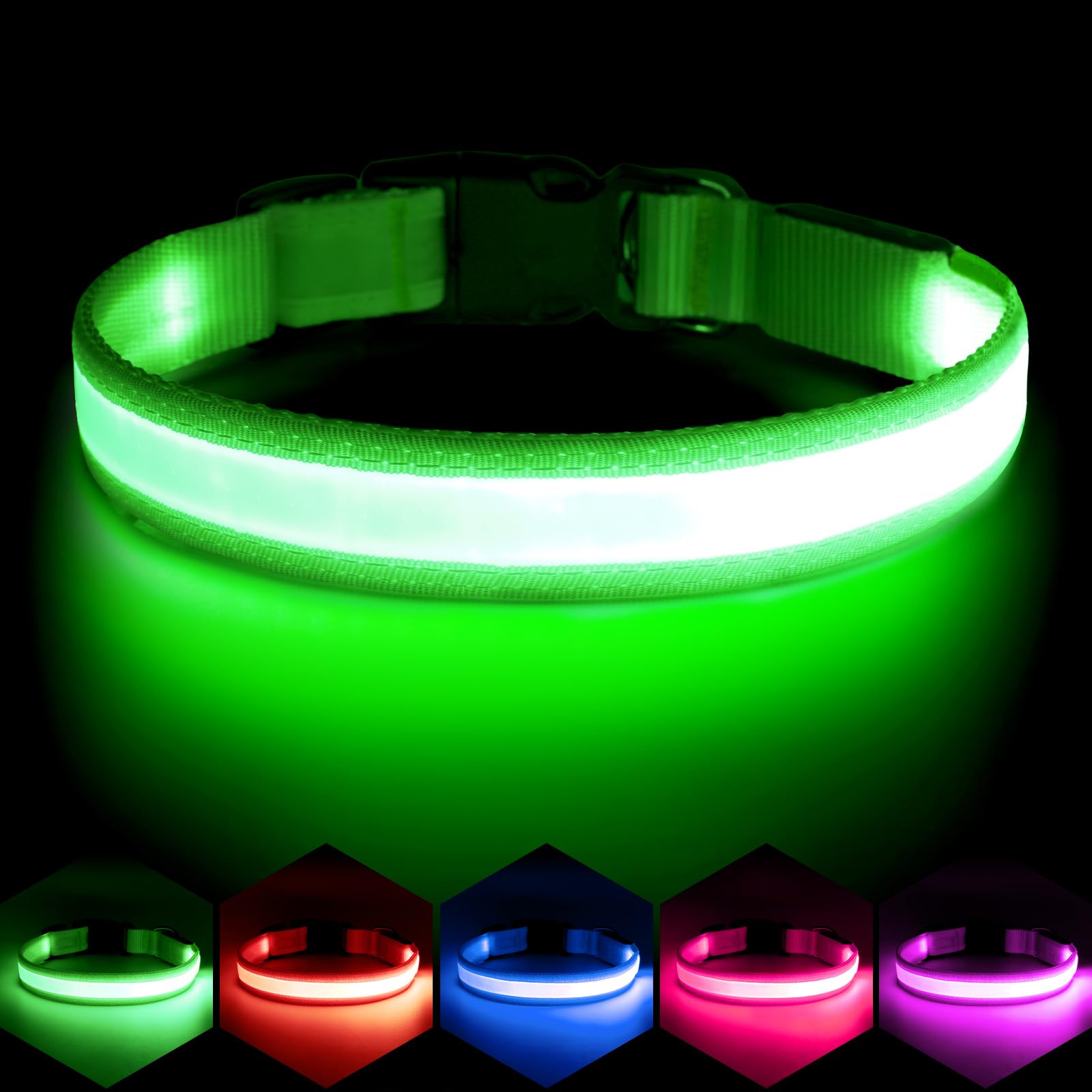 Vizpet LED dog collar in green, X-Large, closed buckle for secure fit during walks.