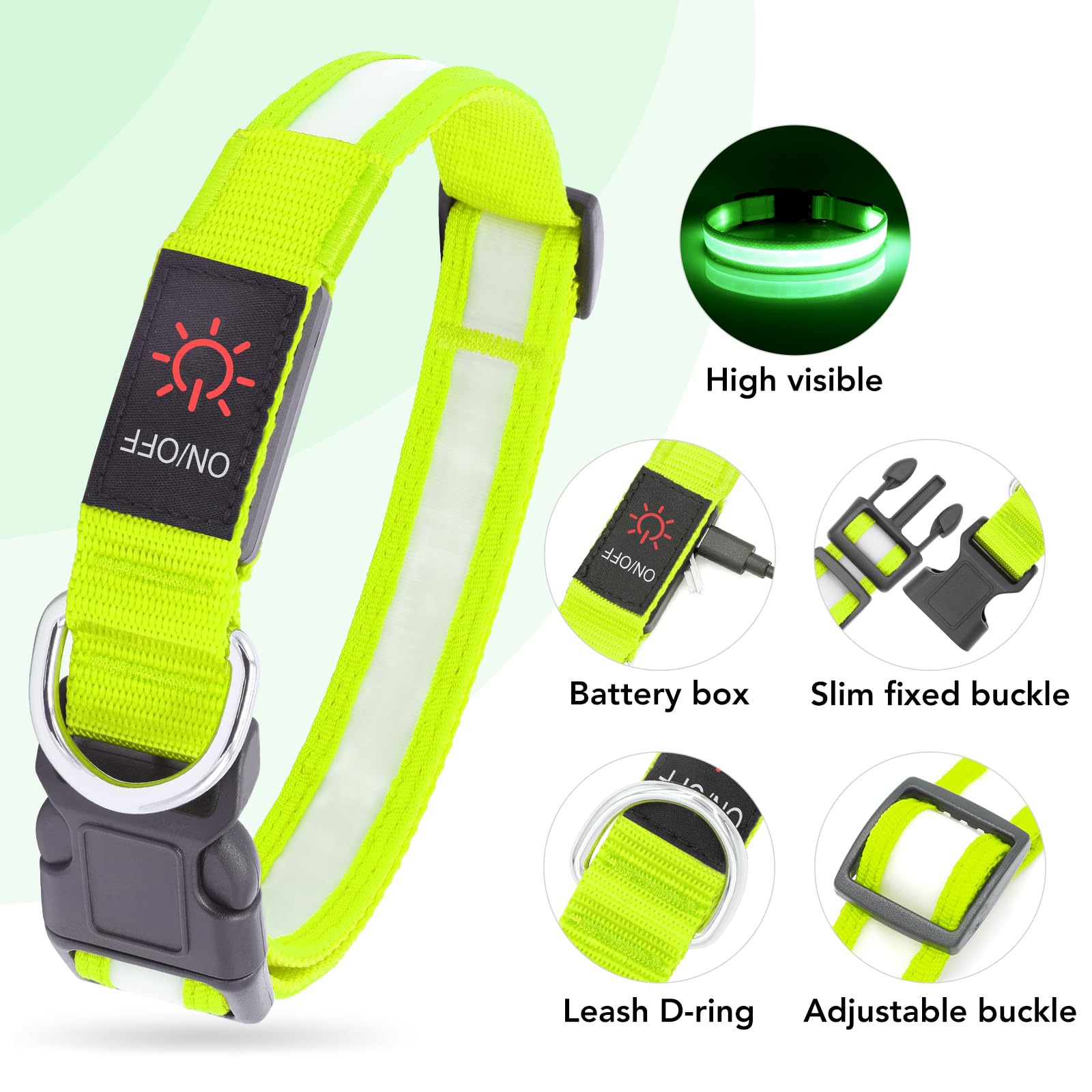 Vizpet LED dog collar high-visibility light for safer nighttime identification.