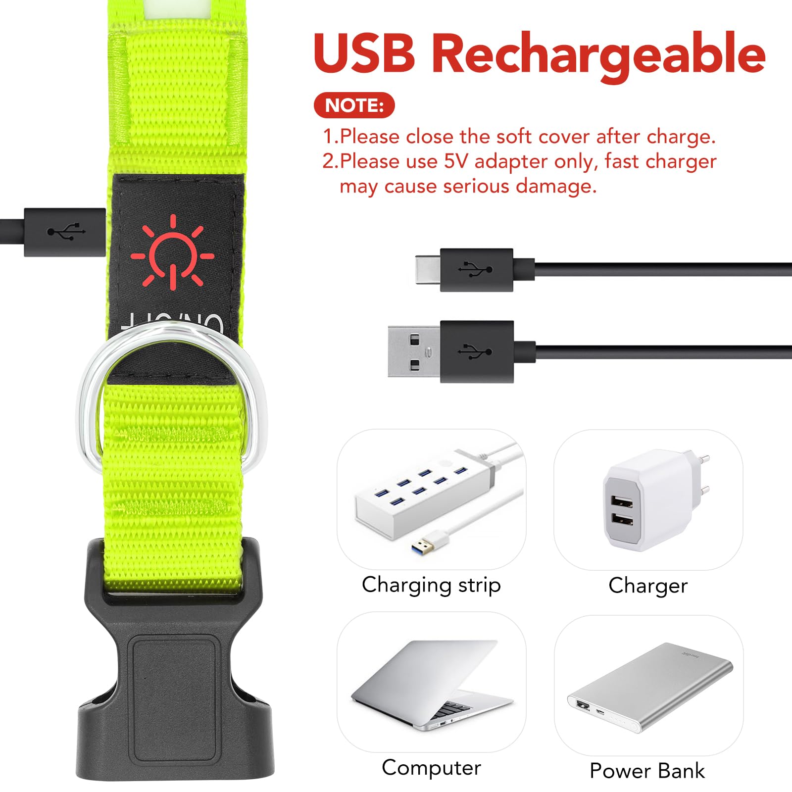 Vizpet LED dog collar charging via USB from a laptop or power bank.