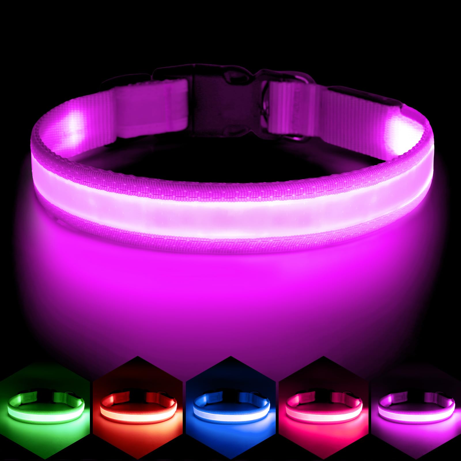 VIZPET LED dog collar purple strap with soft padding for comfy daily walks.