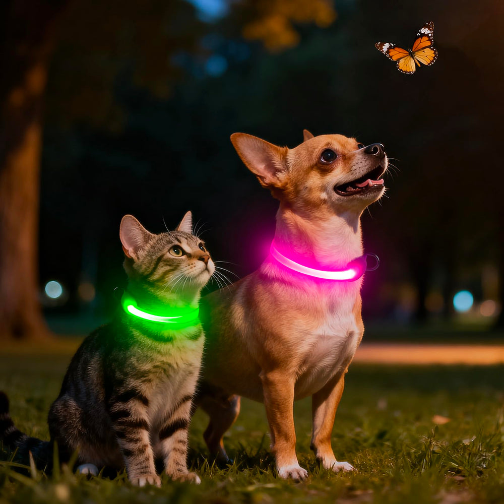 Vizpet light-up collar shown on a night walk scene for safety.