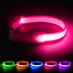 Vizpet light-up collar pink front view boosts nighttime visibility for safer walks.