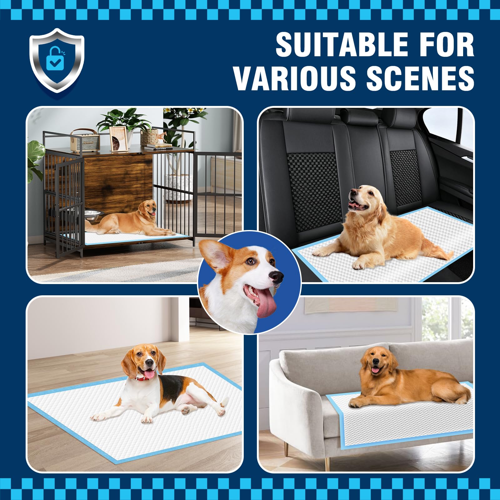 VJJ Puppy Pads XL large-dog-cat-use scene shows multi-pet suitability.