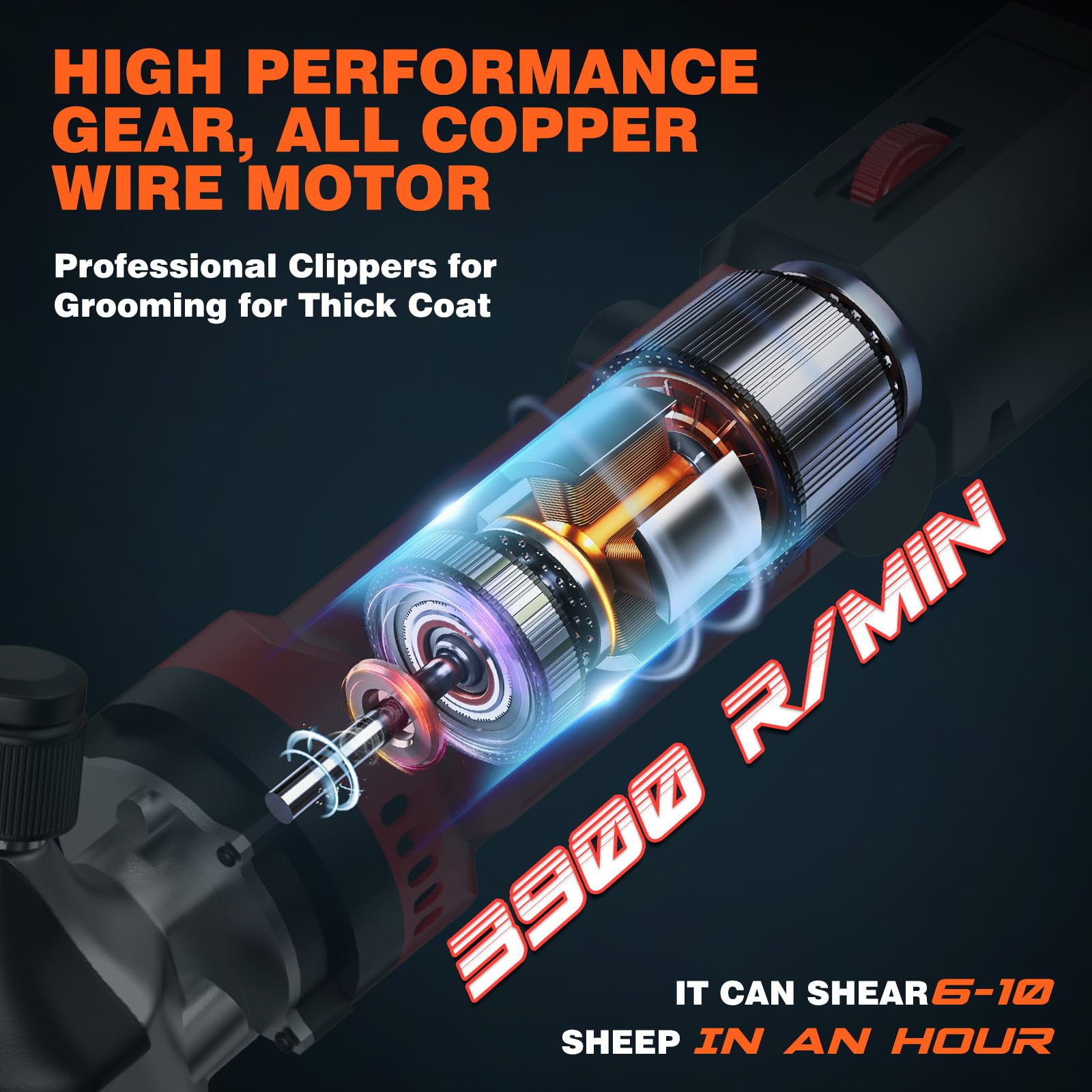 Vkdemer Electric Sheep Shears blade close-up reveals 13-tooth carbon steel blade durability.