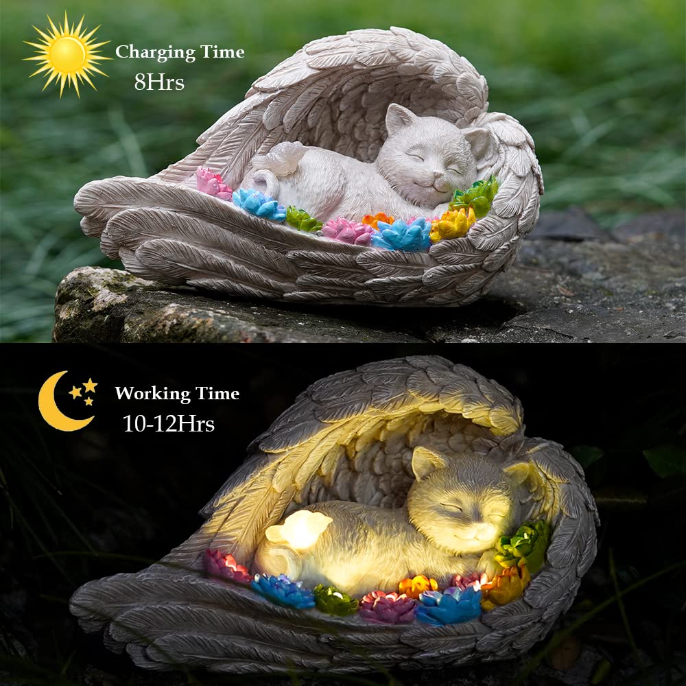 VKEVOC solar angel cat statue in garden as a memorial centerpiece