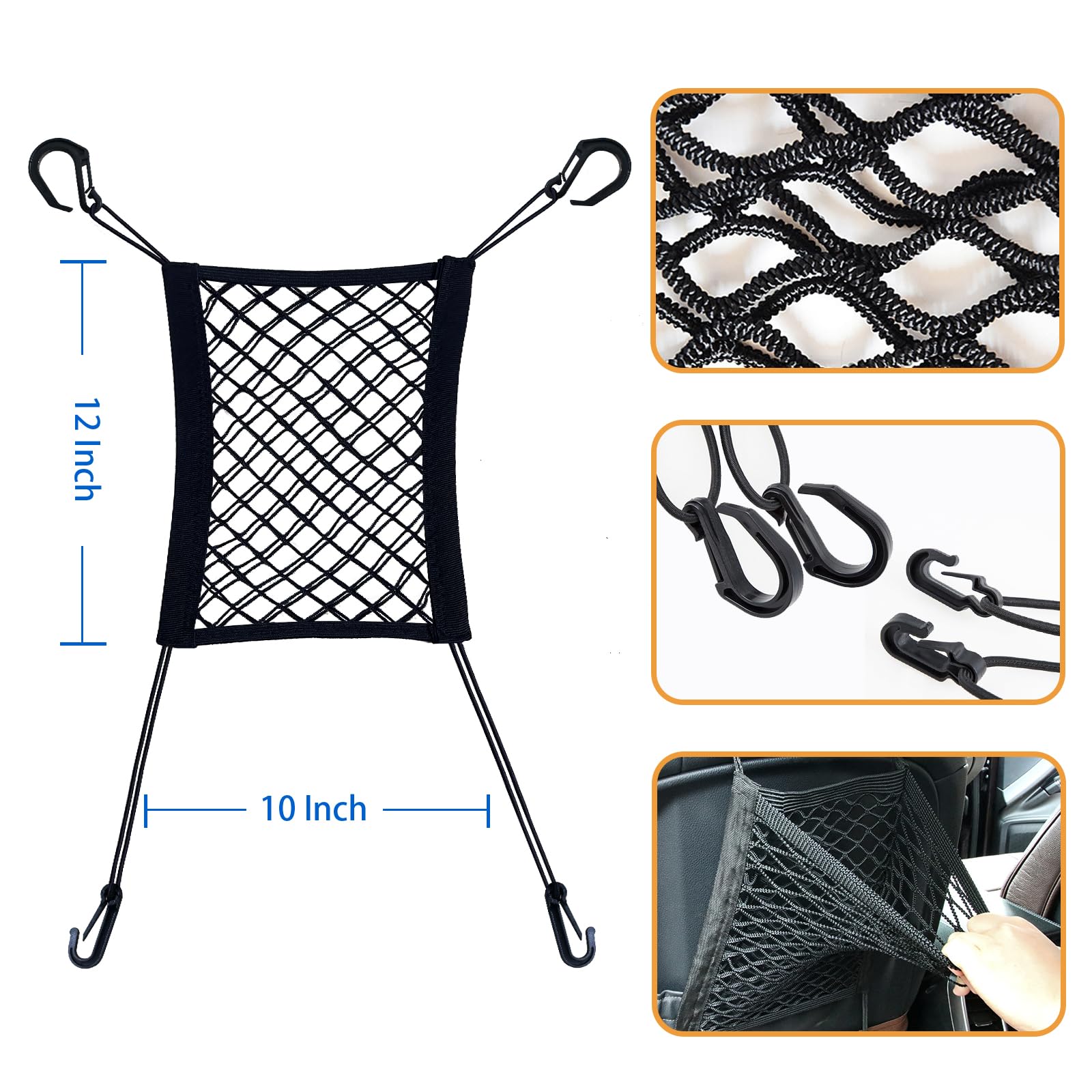VKHMGDFS car mesh organizer back-seat view demonstrates convenient storage compartments.