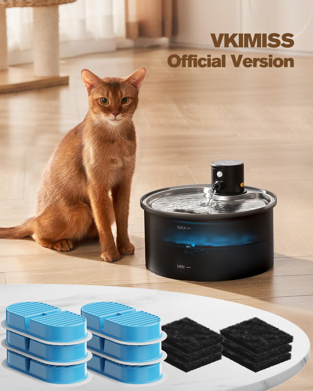 VKIMISS water fountain maintenance image highlights simple upkeep for reliable hydration.