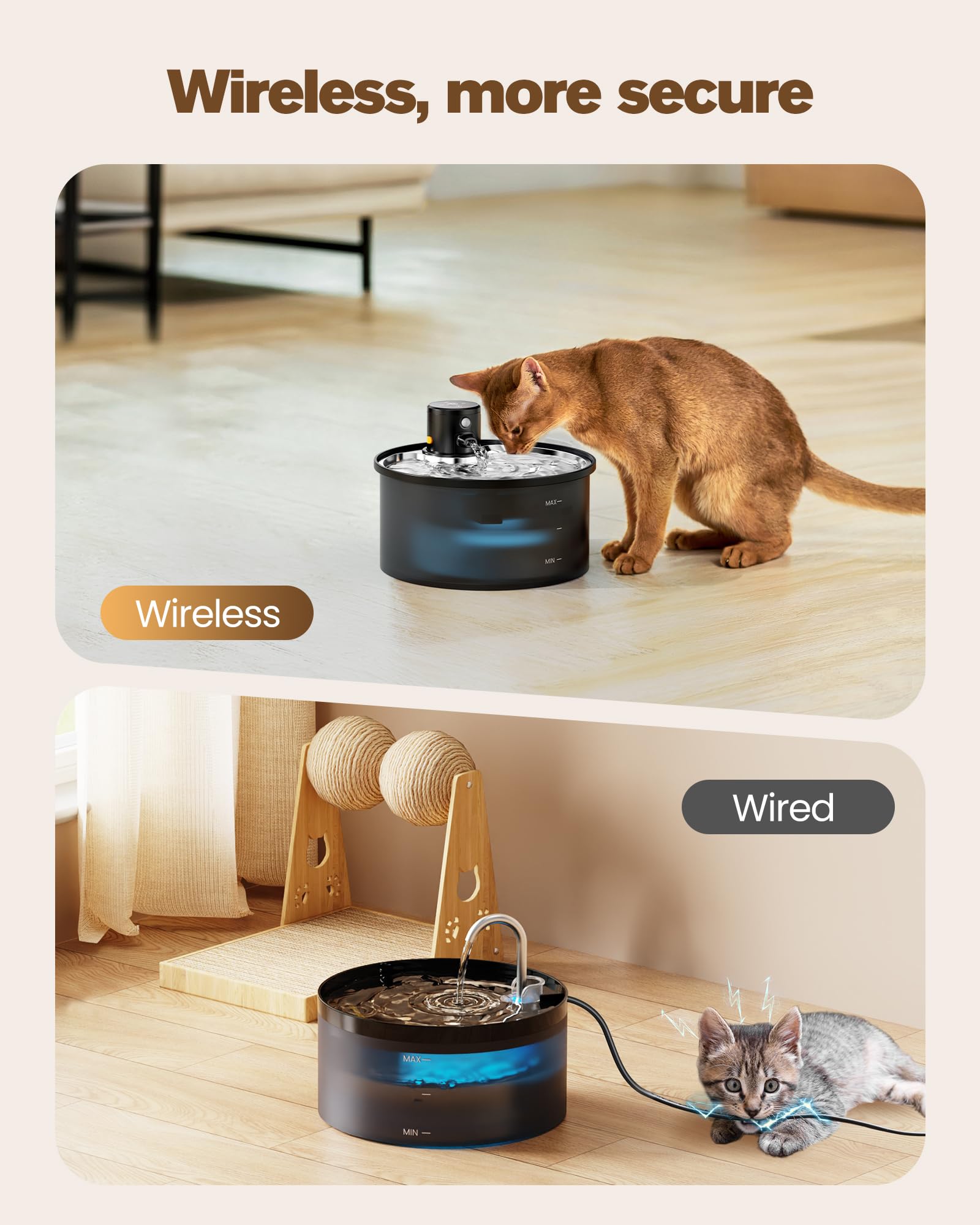 VKIMISS wireless cat water fountain side view highlights compact home fit.