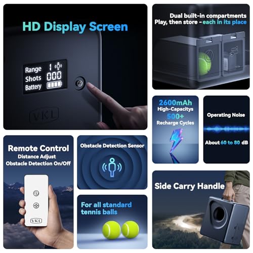 VKL Automatic Ball Launcher Pro display screen shows distance, shots, and battery at a glance.