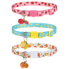 VKPETFR breakaway collars with bell fruit pattern – a safe cat accessory in three-pack.