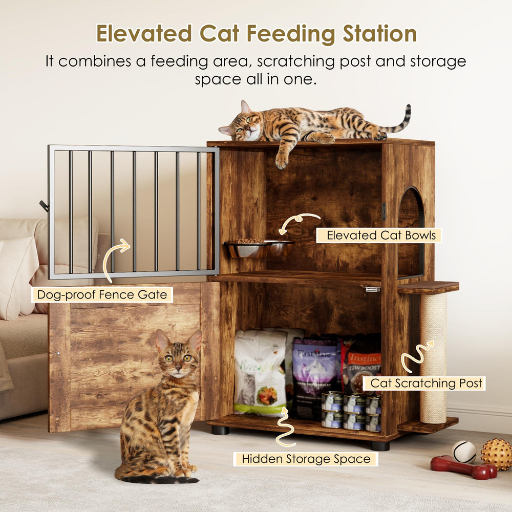 VKTO cat feeding station storage compartment keeps food neatly organized.