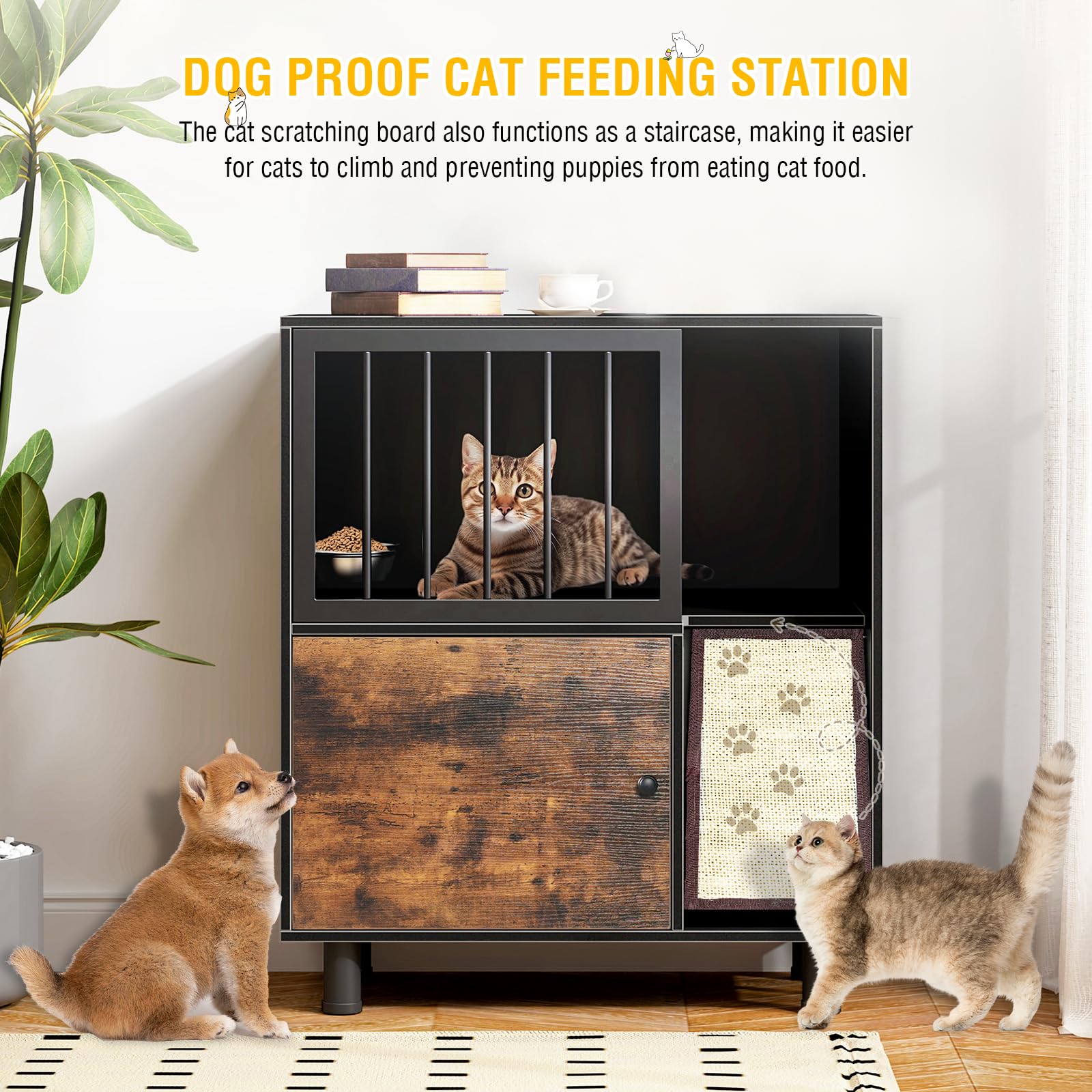 VKTO dog-proof cat feeding station with dual bowls keeps meals organized and hygienic