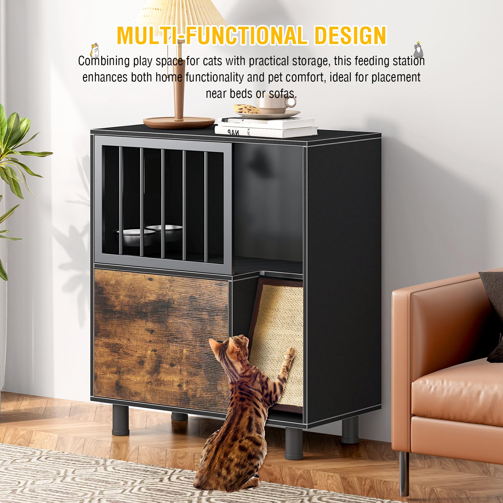 VKTO feeding station with scratch board offers enrichment and climbing for indoor cats