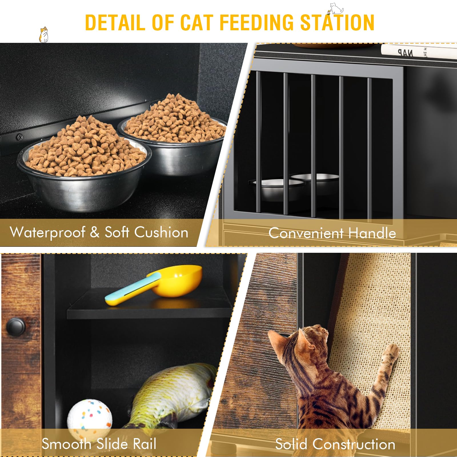 VKTO dual-storage below-bowls station keeps cat cans and toys neatly tucked away