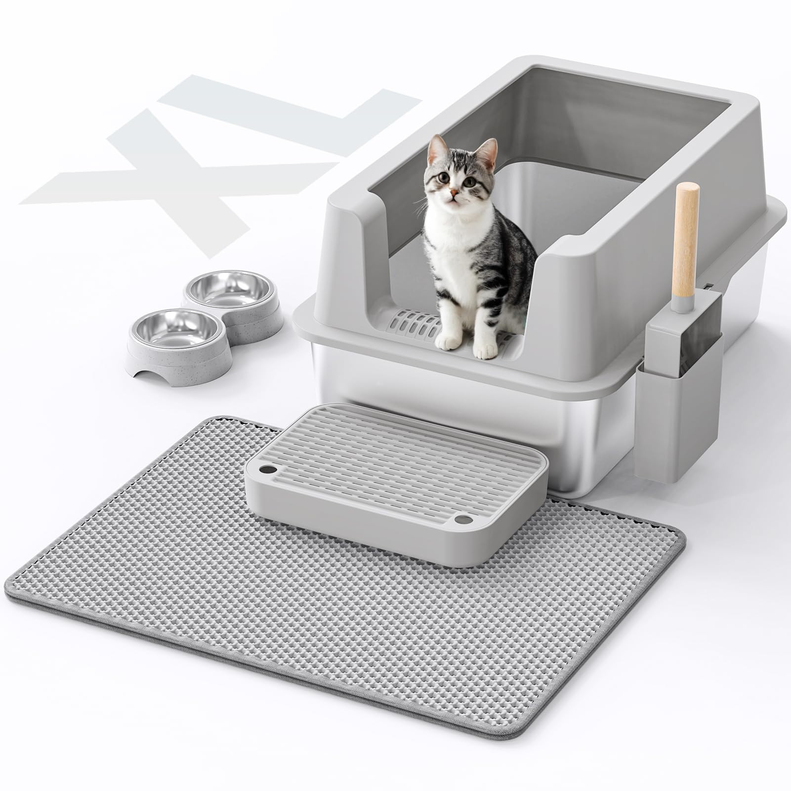 VNAKIO stainless steel cat litter box side view showing high sides for splash containment.