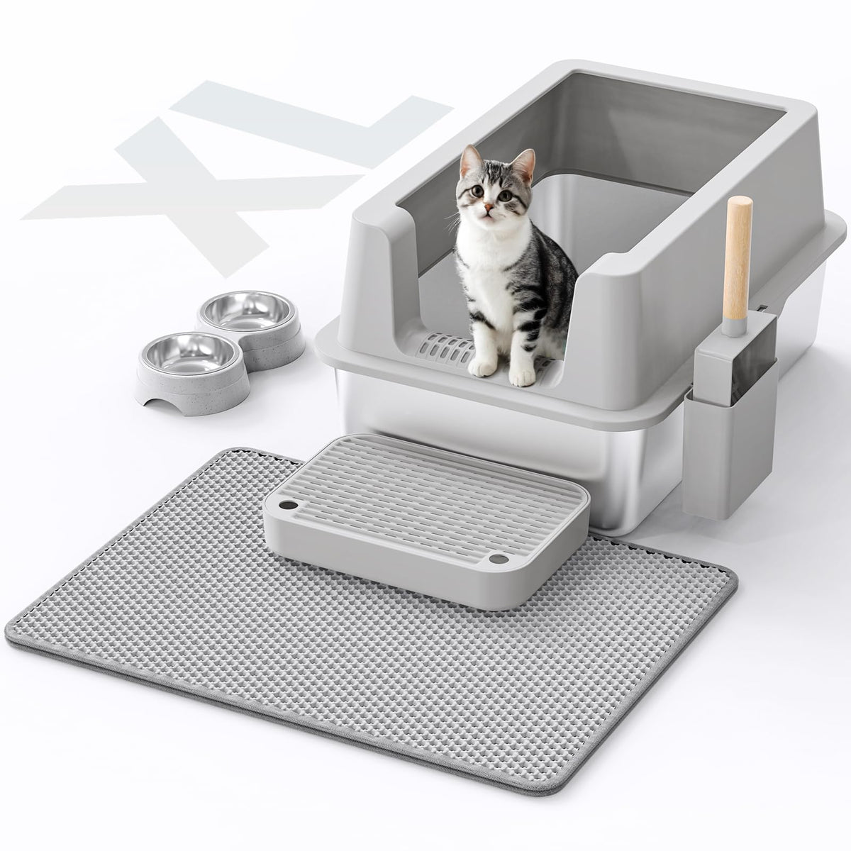 VNAKIO stainless steel cat litter box side view showing high sides for splash containment.