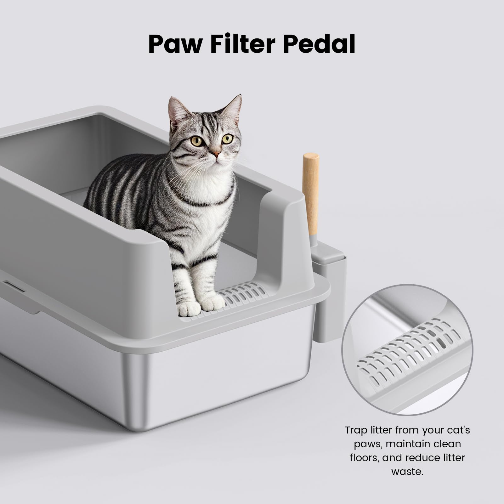 VNAKIO high-sided litter box helps reduce litter scatter during digging and scratching.
