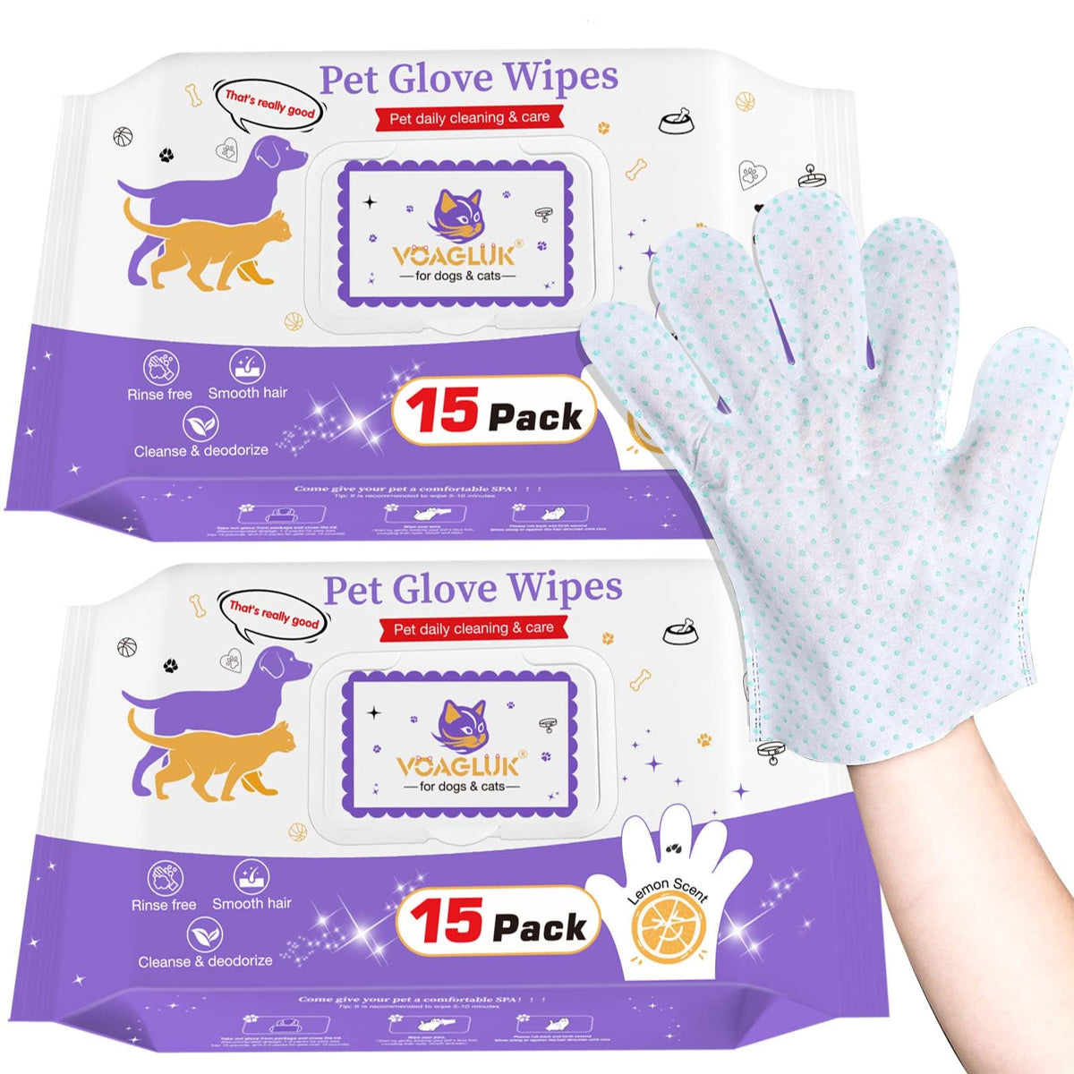 VoagLuk dog wipes embossed glove close-up for deep cleaning and odor control.