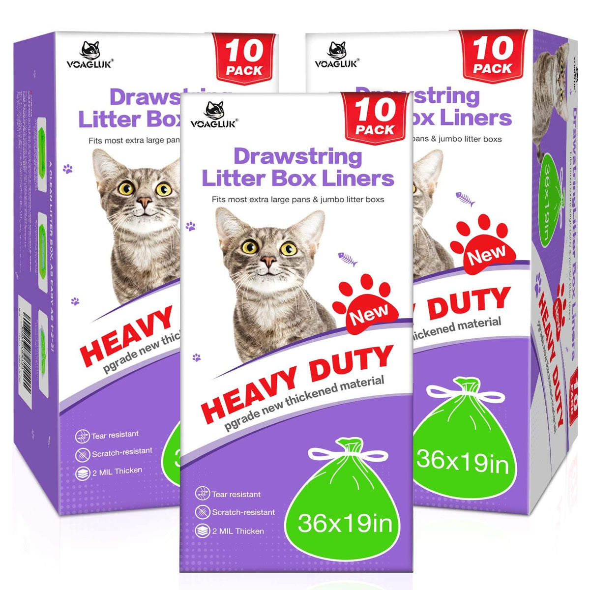 VoagLuk litter box liners, front view, showing jumbo 36x19 fit and durability.