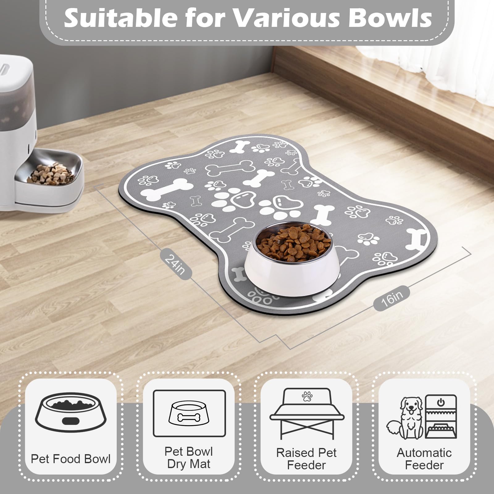 Voanos dog-cat food mat 16x24 grey fits bowls and dispensers