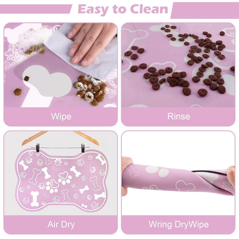Voanos dog cat mat supports dispensers and bowls for tidy mealtime.