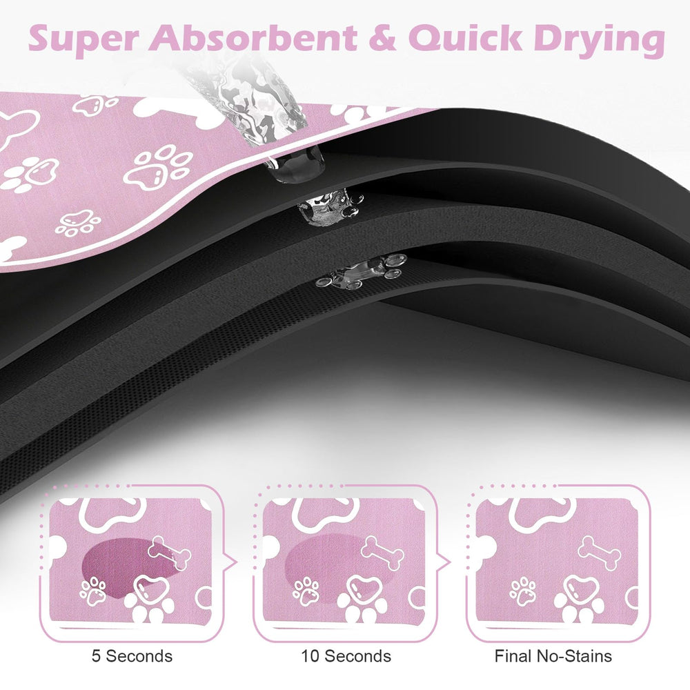 Voanos dog cat mat with non-slip rubber backing keeps bowls steady.